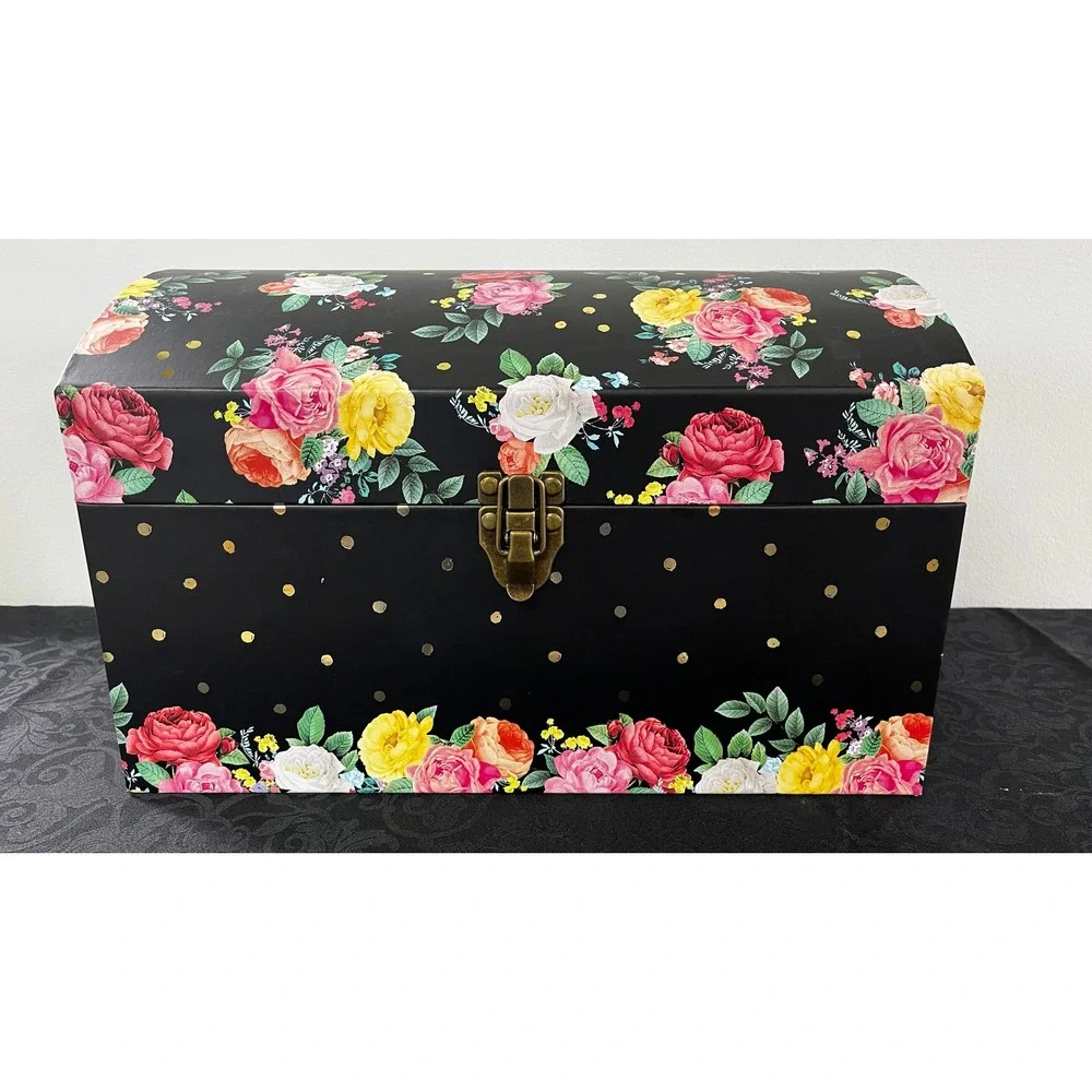 Floral Polka Dot Decorative Storage Trunk Black Pink Rose Gold Latch Chest 15.5